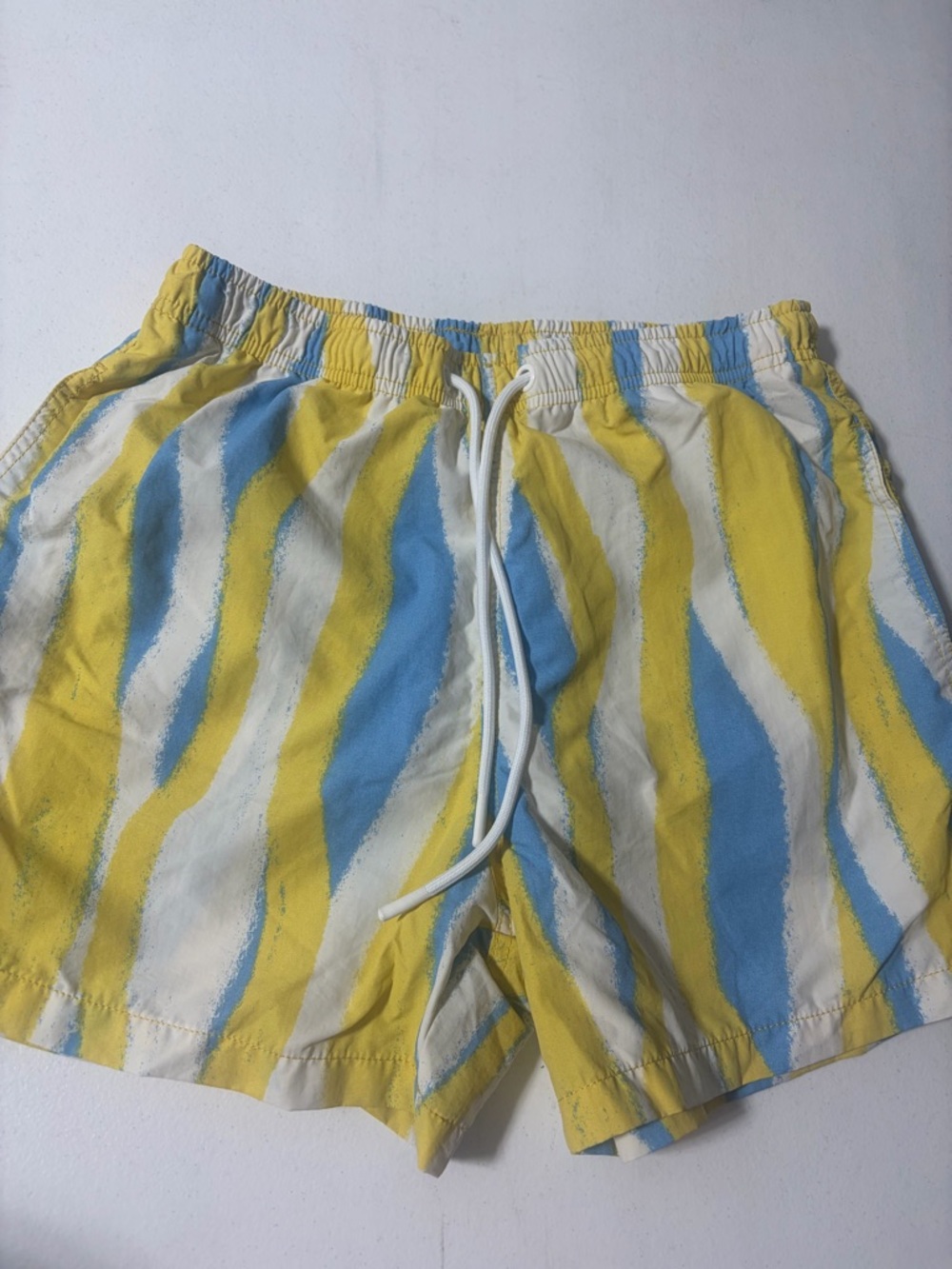 Zara Yellow Blue Wave-Stripe Swim Trunks
